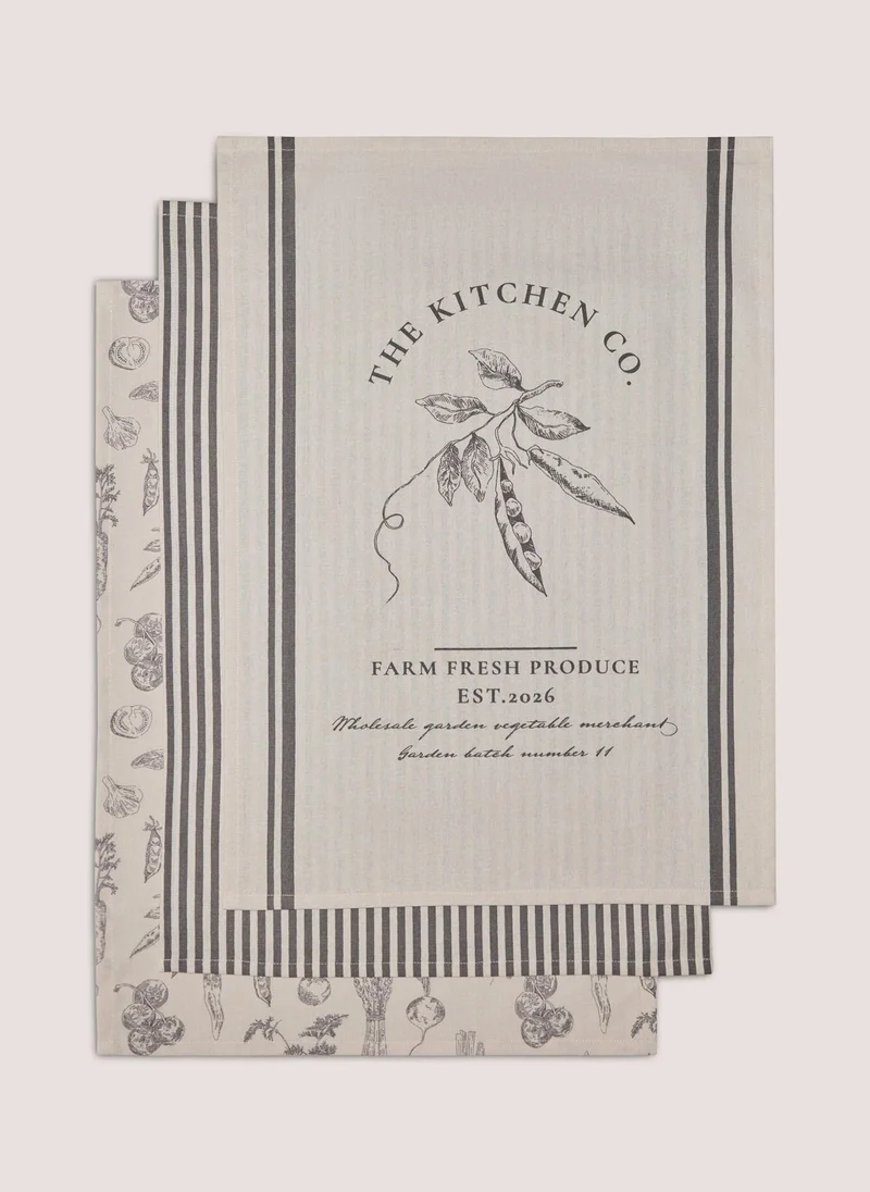 Matalan 3 Pack Kitchen Co Veg Print Tea Towels Neutral